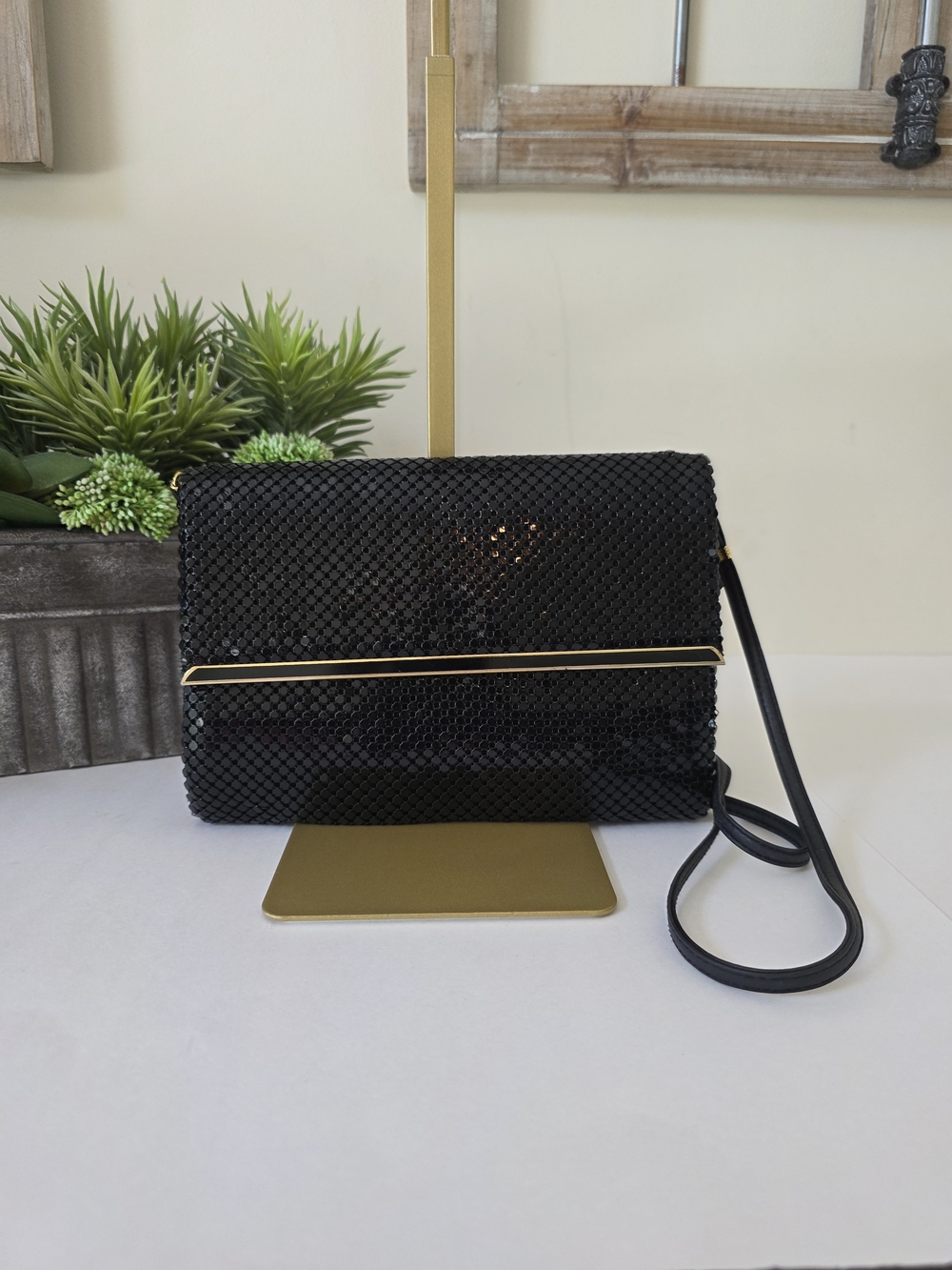 Vintage Whiting $ Davis International Black Mesh Pochette Crossbody Bag